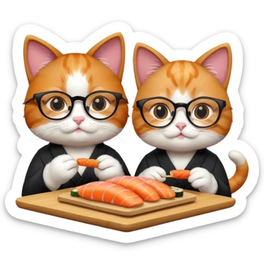 cute girl cat wearing glasses and a cute boy cat eating sushi together sticker