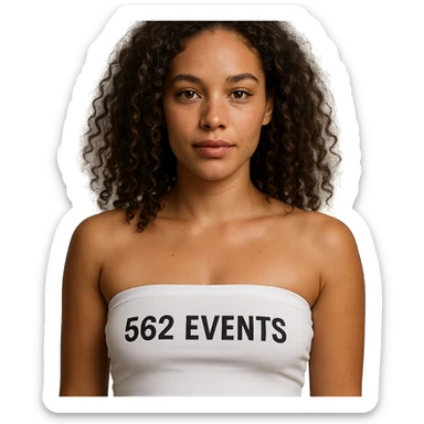 realistic woman with features of both Caucasian and African American heritage, wearing a white tube top labeled '562 Events' sticker