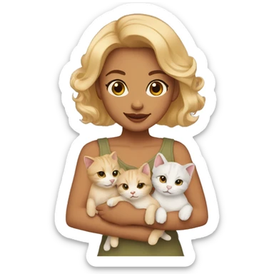 Blonde woman with shoulder-length hair, brown eyes and light olive skin tone holding five kittens sticker