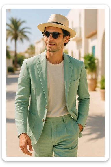 man in a pastel green linen suit, sunglasses, straw hat, casual summer vibe sticker