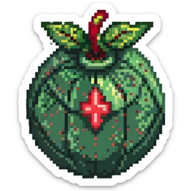 Green digital bomb with leaf-shaped fuse or vine on top, round bomb body with green highlights and details, nature-inspired design, pixel art style sticker