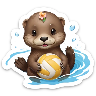 super cute baby otter with a tiny colorful flower on its head, floating on VERY CLEARLY VISIBLE blue water with prominent waves and ripples all around, baby otter with gentle expression holding a volleyball with both small paws above the obvious water sticker