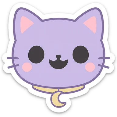 Create an image of just the head of a purple cat with fully black eyes, a wide open black smile with no teeth, and a visible gold moon pendant. The background should be removed, leaving only the cat's head and pendant visible. sticker