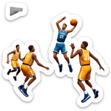 An icon featuring a basketball court with players in action, inspired by NBA 2K25. A player jumps for a dunk, with the ball mid-air. Bright lights illuminate the court, symbolizing the excitement of sports simulation games. Transparent background emphasizes the energy. sticker