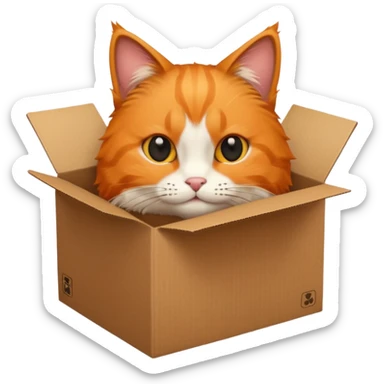 simple furry orange cat inside a brown simple half-box sticker