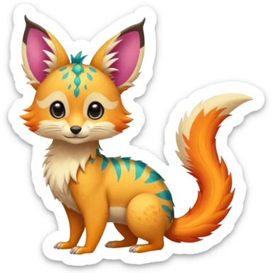 Feral Rare Fantasy vibrant colorful tropical cute, kawaii, cool, ed Vernid-Trico-species by LiLaiRa, random markings, tufted tail, tufted ears, full body, cheek markings sticker