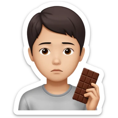 A young Asian dieter with a gloomy expression, thinking of chocolate sticker