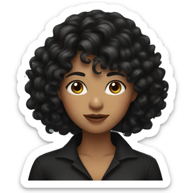 woman with long black curly hair and bangs and dark brown eyes wearing black blouse sticker