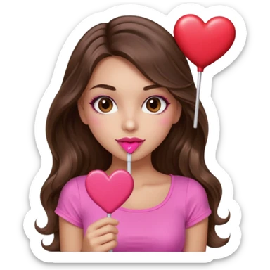 girl with long wavy brown hair, brown eyes, long lashes makeup, sexy pink lips, light to medium complexion, wearing a pink sexy top,, heart lillipop sticker