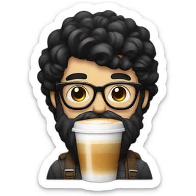 Hipster with black hair, beard and glasses drinking cappuccino   sticker