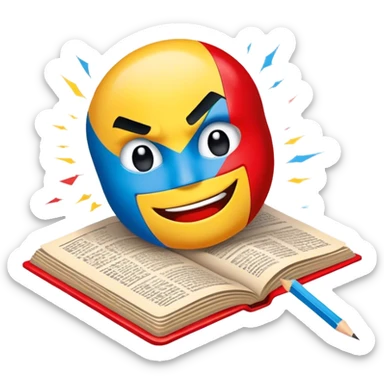 Create a vibrant emoji representing comic books and graphic novels. The design should feature a large, open comic book or vintage comic magazine with pages displaying classic comic art, with text. The comic pages should have bold, dynamic panels and action scenes. Include a pencil writing on the pages, but without a hand, to symbolize the artistic creation of comics. Use bright colors like red, blue, and yellow, with a retro feel to the design. Make the background transparent. sticker