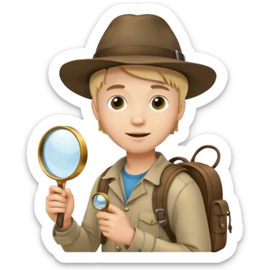 Explorer young man with hat and magnifying glass and backpack, portrait sticker
