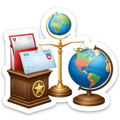 An icon featuring a podium with a speaker, a ballot box with a voting slip, and a globe, symbolizing political science. The design includes scales of justice and a world map in the background, representing governance and global politics. Transparent background highlights political analysis. sticker