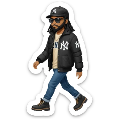 African American man with shoulder length black dreadlocks with black beard wearing black sunglasses wearing a black New York Yankees logo baseball cap wearing a black bubble winter coat with denim skinny jeans and timberland boots walking with hand out sticker
