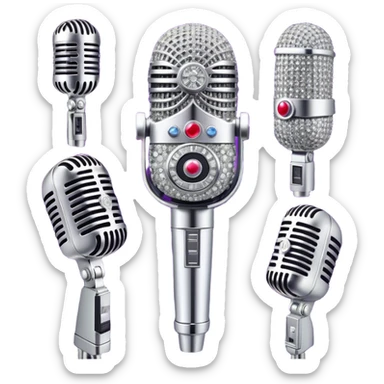 Create a glamorous and vibrant emoji representing stage vocal performance. The design should feature a humanless collage of classic vintage microphone, stage costume covered in rhinestones, sparkling brightly. The costume should be stylized, with glittering elements like sequins and sparkles, and reflect the glitzy, extravagant nature of show business. The microphone should have a sleek, retro look with chrome or metallic accents. Use rich, dazzling colors like gold, silver, deep purple, and bright red to evoke the glamorous, larger-than-life feel of a stage performance. The background should be transparent. sticker