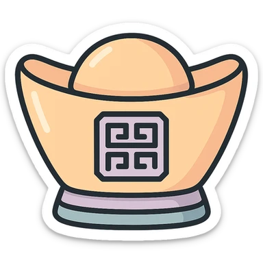 Chinese gold ingot (yuanbao) with geometric pattern, thin clean contours, soft rounded shapes, pastel palette #98B5BC, #B5B3C1, #C9A3C9, #E4C0CA, #F7DCD1, #F7C0AA, detailed shadows and highlights, soft lighting, transparent background, Chinese eastern style, no surrounding decoration sticker