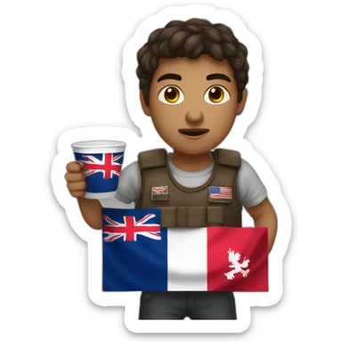 angry boy holding georgian flag and double cup sticker