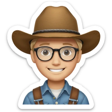 Smiling boy with cow boy hat . With chin strap and black glasses  sticker