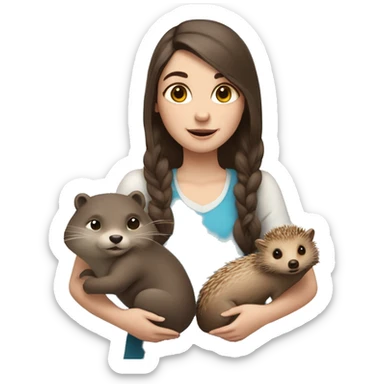 a girl with blue eyes and fair skin with an otter and a hedgehog in her hands sticker