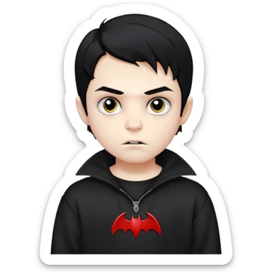 Vampire boy with the black hair, pale-white skin, black eyes, little fangs and dark circles under his eyes. He has serious face and he wear a black oversize sweatshot sticker