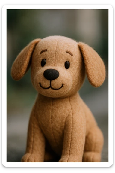 plush portrait of a friendly dog with floppy ears, button nose, and a gentle smile sticker