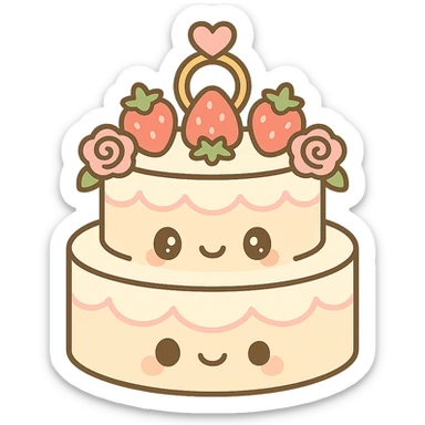 white wedding cake with strawberries, pink roses, gold ring topper, kawaii style sticker