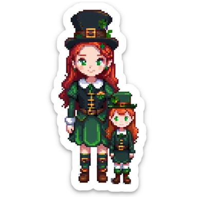 girl with red hair and brown eyes with a leprechaun sticker