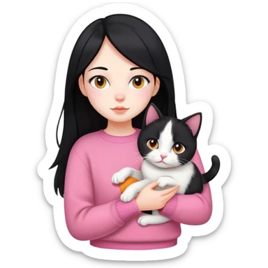 girl with black hair holding a tri-colored cat (black, orange, white) wearing a pink sweater sticker