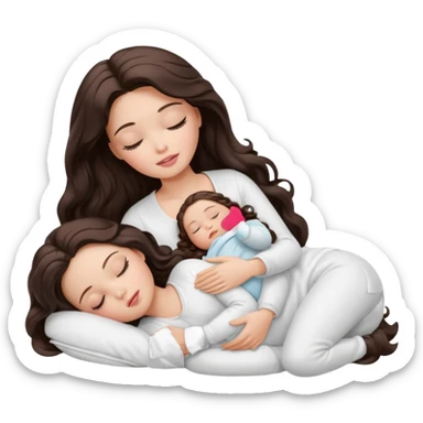 White Barbie girl dark brown long wavy hair in white clothes sleeping with white baby at cream bed, eyes are closed sticker
