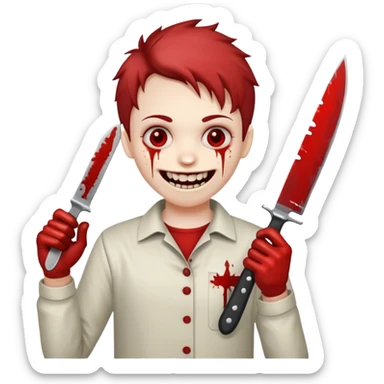 Physcopath crazy smile holding with a knife splattered with blood sticker