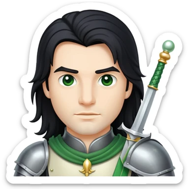 A knight with long black hair on a green and pearl Sabre sticker