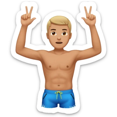 man with anger in swimming pool open arms and finger up on air sticker