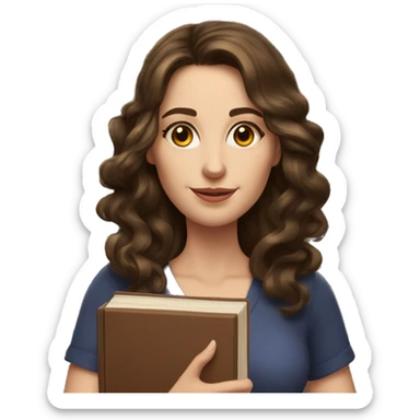 white woman brunette long wavy hair highlights woman while holding large stack of books sticker