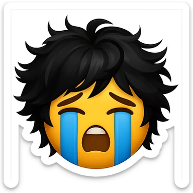 Combine the messy black hair from the first image naturally on top of the classic sob emoji face from the second image, creating a single cohesive emoji. Keep the style consistent with the sob emoji and maintain a transparent background. sticker