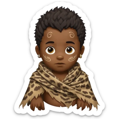 ancient hairy black baby tatooed boy, tattered animal skin shawl sticker