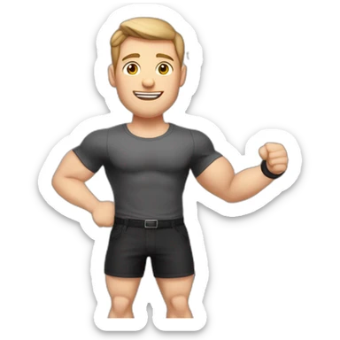 To belt Pale skinned Fit Man With the biceps and light brown hair in black shirt, gray sports shorts and white Sneakers Writing text on the flipchart sticker