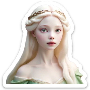 Cinematic Realistic Sleeping Beauty (Aurora) Portrait, with porcelain-like skin featuring a natural rosy flush, illuminated by soft lighting that highlights the gentle contours of her face. Her golden blonde hair flows in soft, detailed waves with subtle highlights that shimmer in the light. Her deep violet-blue eyes radiate warmth and innocence, framed by arched brows and long lashes. With a soft, serene smile, she holds a delicate rose gently in one hand, her other hand resting lightly by her side. She is dressed in her classic pink gown, the fabric rich in texture with delicate folds that catch the light. A golden crown rests atop her head, gleaming with royal refinement. The portrait captures a soft, glowing aura, blending realism with an ethereal sense of beauty and timeless enchantment. sticker