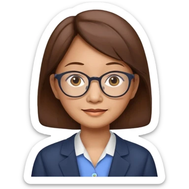 asian female accountant with eyeglasses, round face, brown hair, no tie, 63 years old sticker