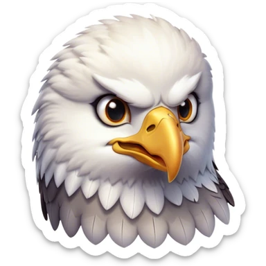 Cinematic Cute American Eagle Portrait Emoji, Head tilted playfully and inquisitively, featuring a streamlined form with a subtle blend of dark and white plumage and round, sparkling eyes full of spirited charm, Simplified yet irresistibly adorable features, highly detailed, glowing with a warm, inviting glow, high shine, affectionate and lively, stylized with a touch of whimsical aerial grace, soft glowing outline, capturing the essence of a mischievous yet endearing American eagle that seems as if it could glide out of the screen into your heart! sticker
