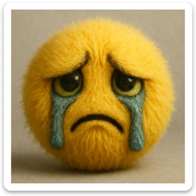 a yellow fuzzy ball face, looking sad and envious, with tears made of fur and a deeply emotional expression sticker