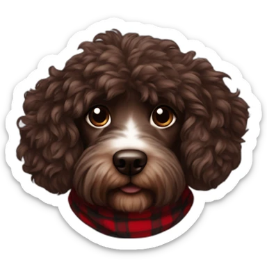 portrait Dark chocolate colored doodle with wavy fur wearing a red and black flannel handkerchief sticker