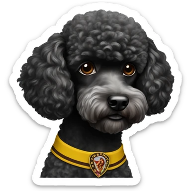 A black miniature poodle with a shaved face and a black collar with gold Versace emblems on it wearing an Arizona state #4 football jersey  sticker