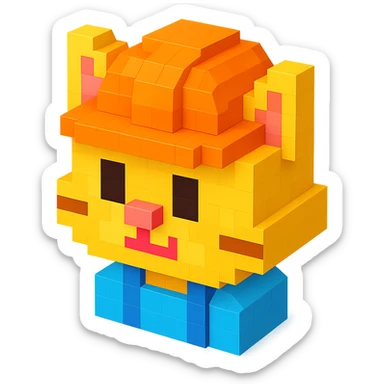 worker cat wearing an orange helmet in voxel style sticker