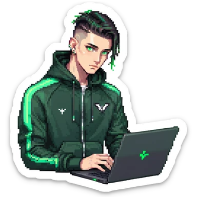 male with dark hair, wearing a black palm angels tracksuit, high fade haircut, slick back hairstyle, green eyes, green aura, coding on black laptop sticker