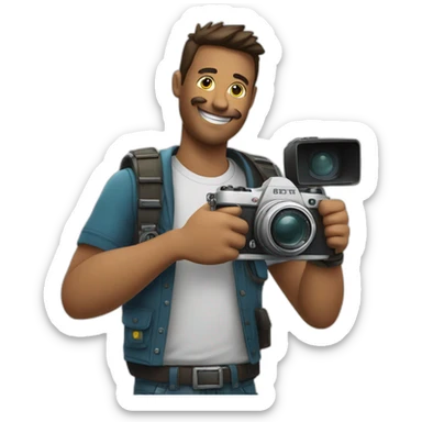Photographer with a camera in one hand and the other hand doing a thumbs up sticker
