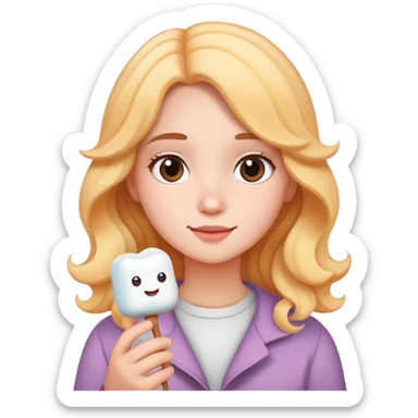 a girl  with wavy/ straight hair holding a marshmellow owala  sticker