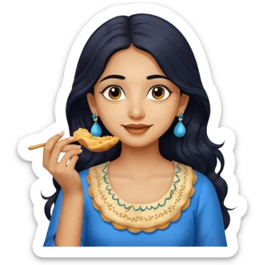 a pretty indian bratz girl with wavy long black hair. eyeliner on, wearing a blue kurti, eating golgappa sticker