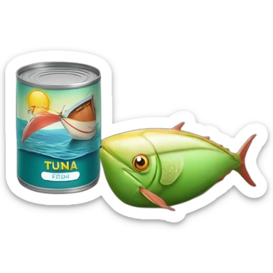 realistic can of tuna fish sowing the shape of a sailling boat on a sea background sticker