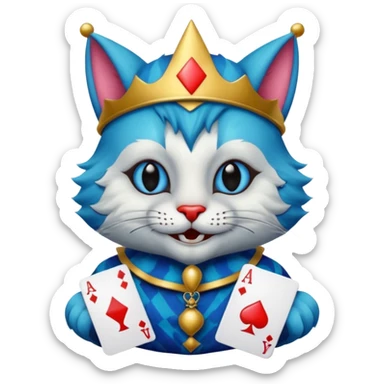crazy colorful cute little cat jolly joker from poker, medieval, vintage, court jester, mac os icon, blue color, holds a poker card sticker