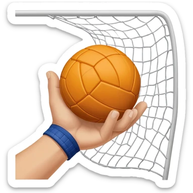A close-up of a hand gripping a handball, with the handball gates visible in the background. The focus is on the texture of the ball and the strength of the grip, with the goal net slightly blurred to emphasize the anticipation of the throw. sticker